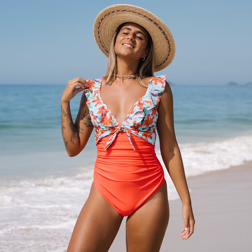 Duck Egg & Red Ruffle Shoulder One-Piece Swimsuit